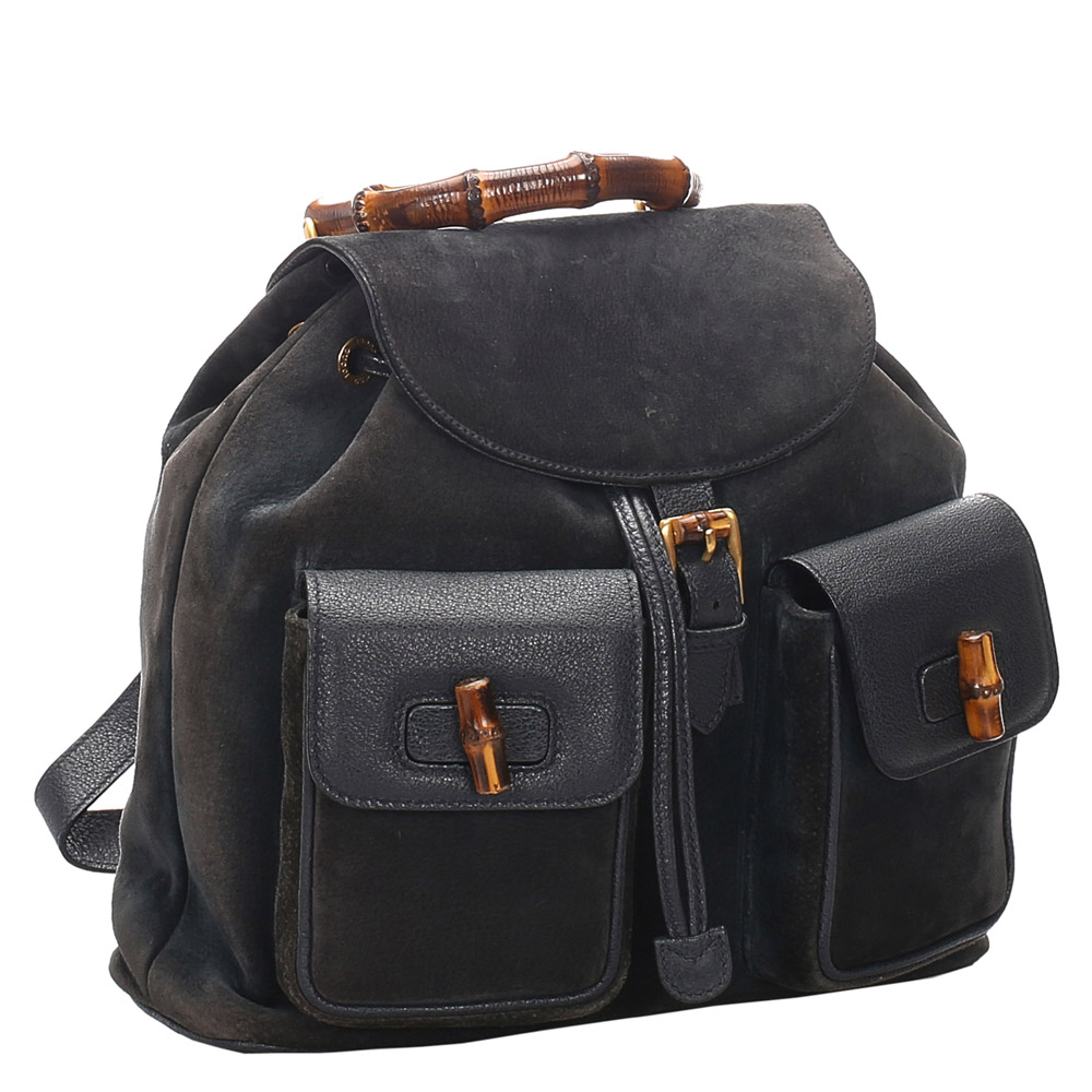 

Gucci Black Suede Bamboo Drawstring Backpack