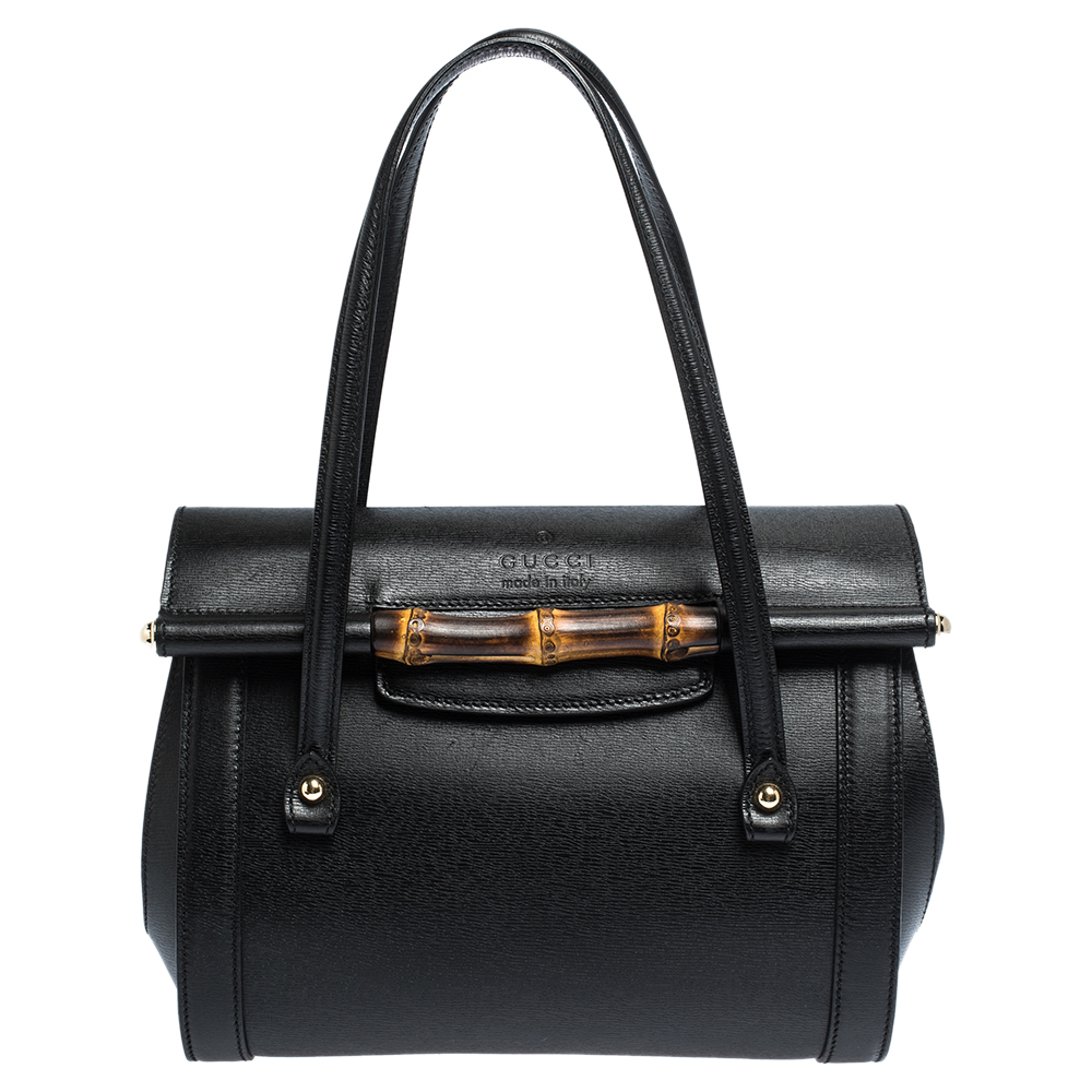 Pre Owned Gucci Black Leather Bamboo Bullet Satchel