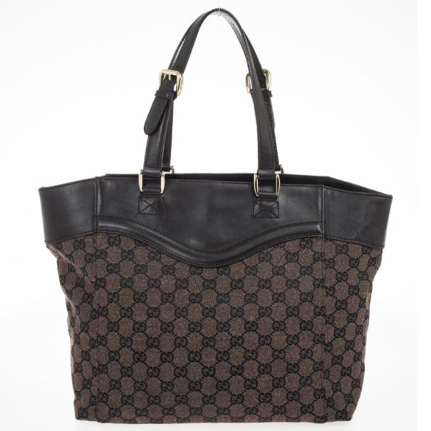 مملوكة مسبقًا Gucci Monogram Medium Tote with Brown Leather Trim