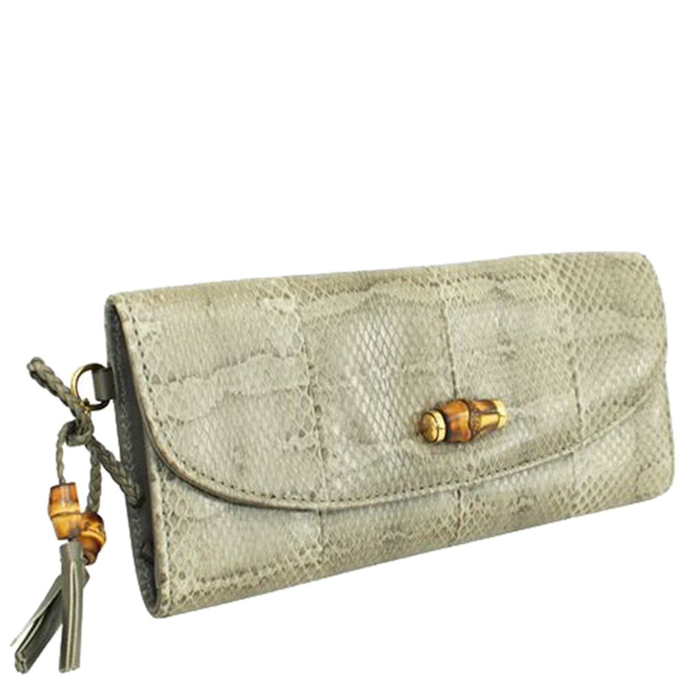 

Gucci Gray Snakeskin Leather Python Bamboo Clutch, Grey