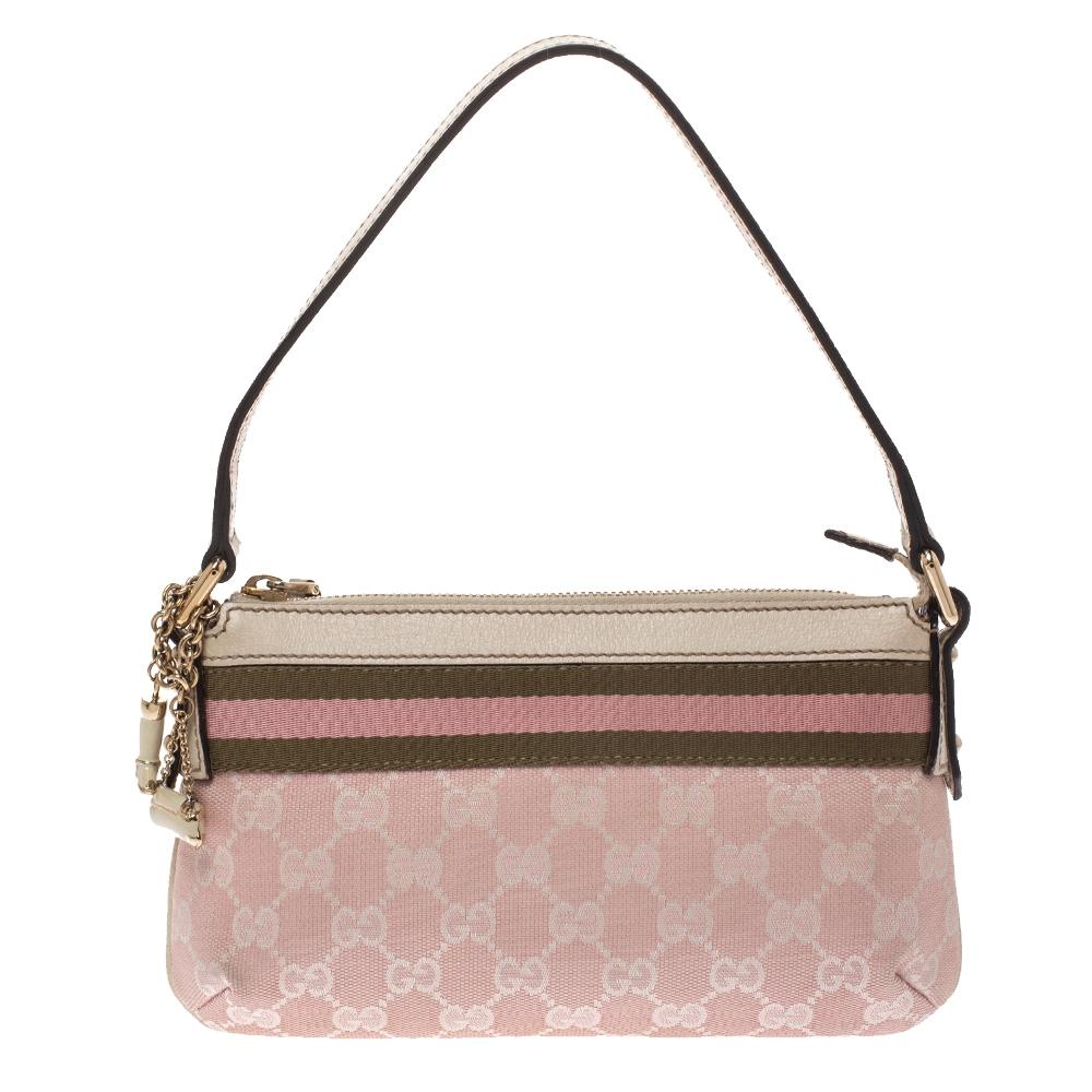 مملوكة مسبقًا Gucci Pink/Cream GG Canvas and Leather Web Baguette