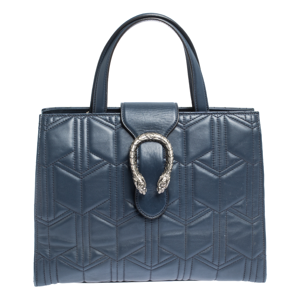 Pre Owned Gucci Navy Blue Matelassé Leather For Ounass Dionysus Tote