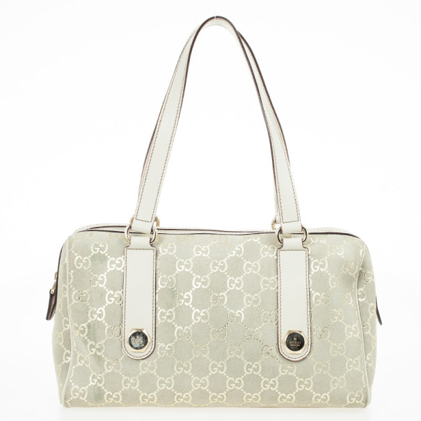 Gucci Beige and Metallic Monogram Charmy Boston Bag