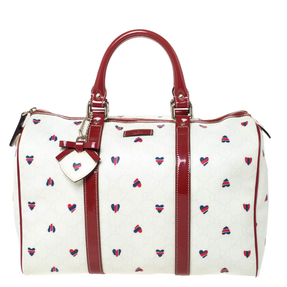 Gucci Red/White Heart Print GG Canvas and Leather Joy Boston Bag with Heart Charm Gucci | TLC