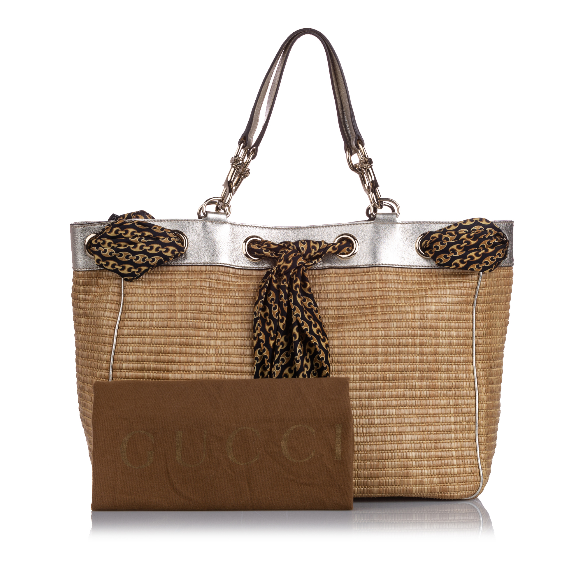 Gucci Brown/Silver Raffia And Leather Positano Scarf Tote Gucci | TLC