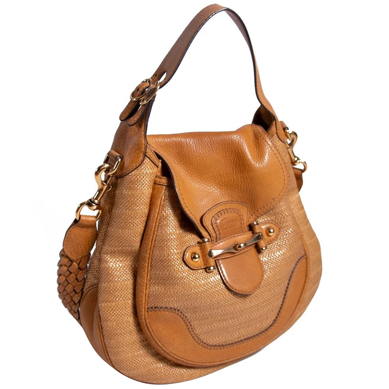 

Gucci Camel/Tan Woven Straw and Leather Large New Pelham Bag, Brown