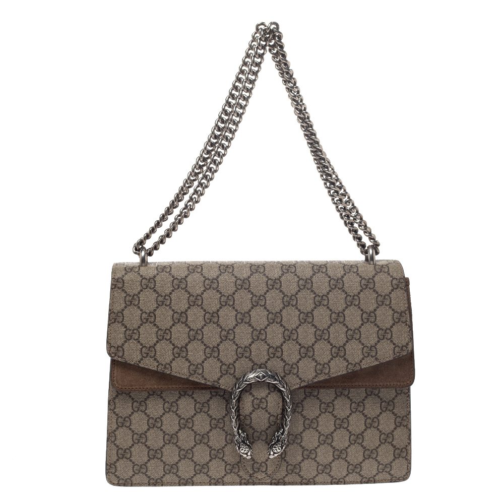 Pre Owned Gucci Beige GG Supreme Canvas and Suede Medium Dionysus Shoulder Bag