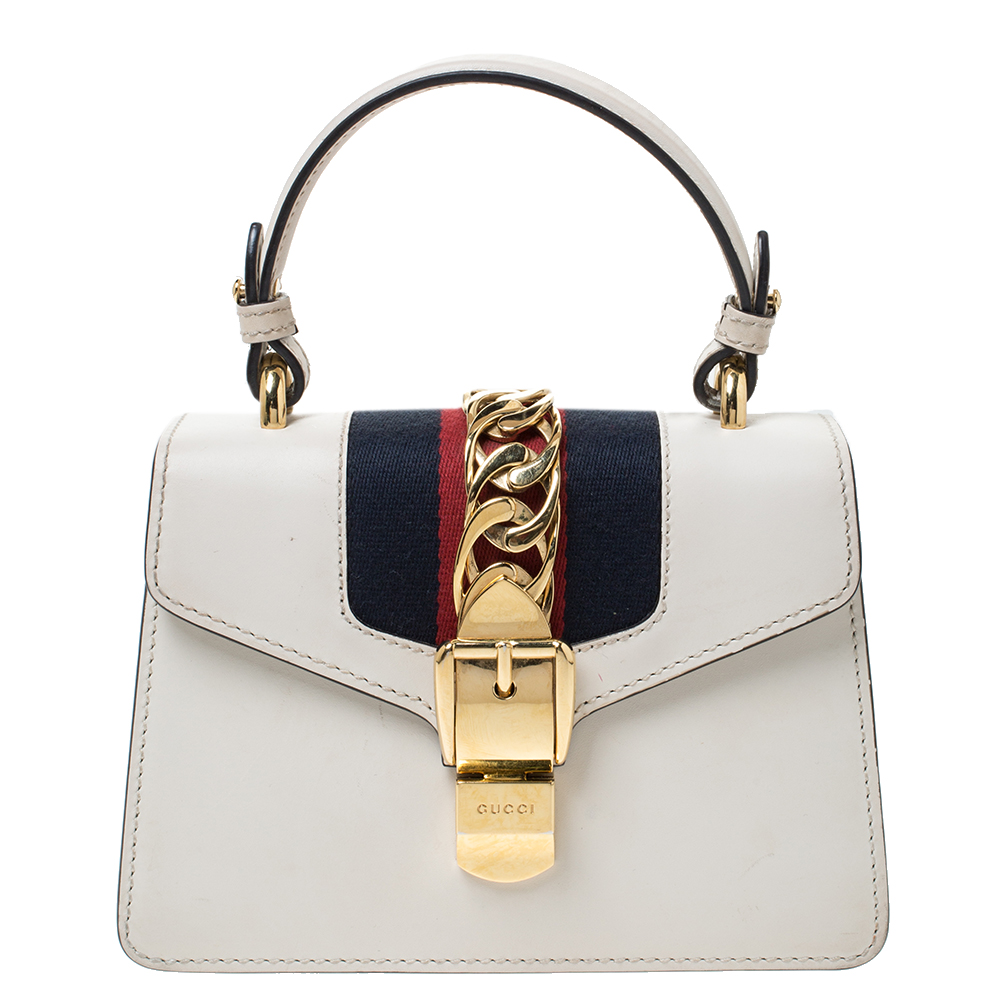 Pre Owned Gucci Ivory Leather Mini Sylvie Top Handle Bag