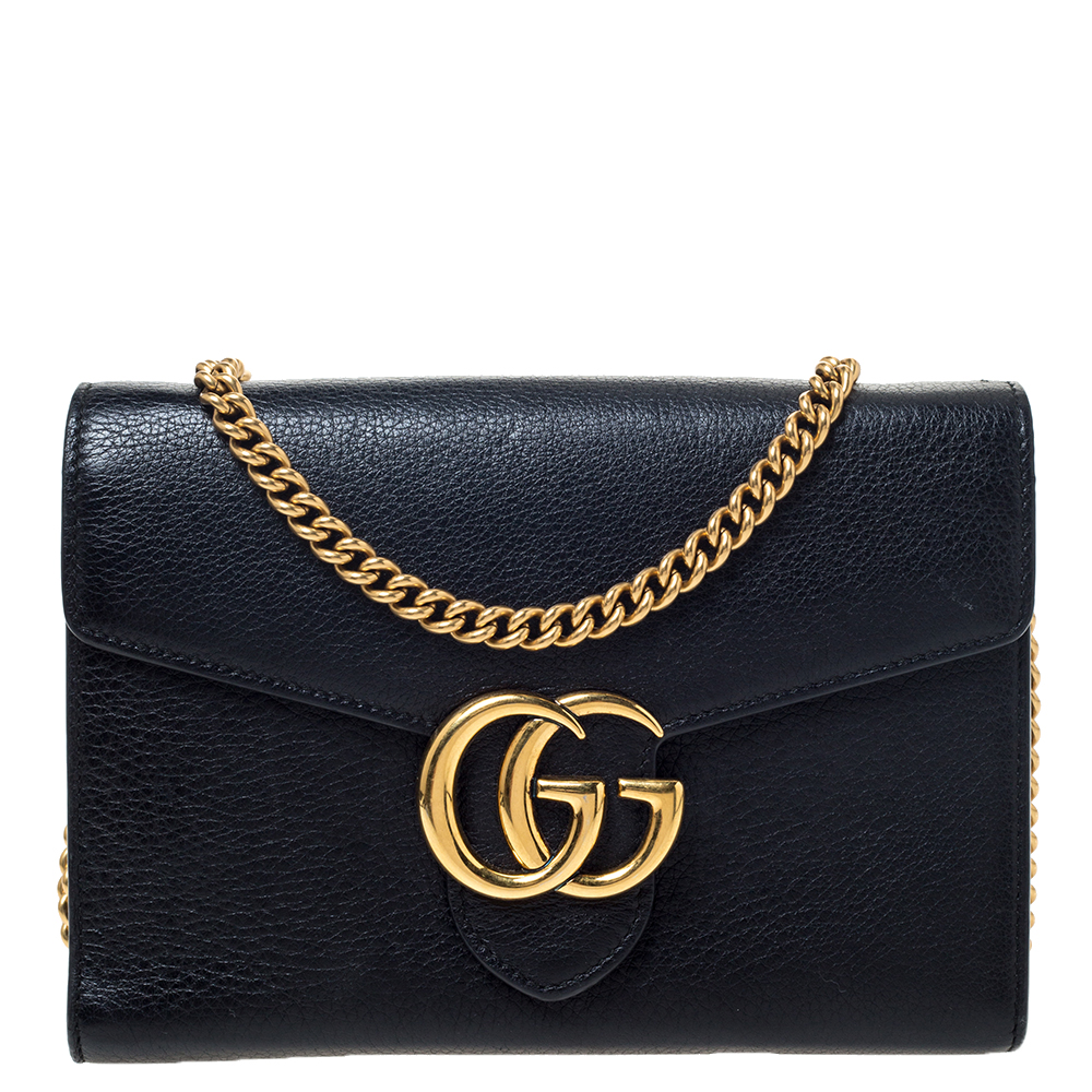 مملوكة مسبقًا Gucci Black Leather Mini GG Marmont Shoulder Bag