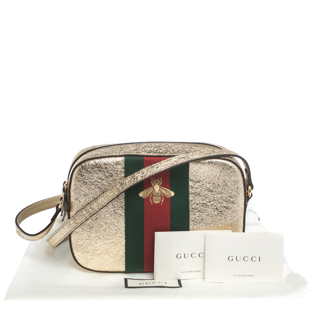 Gucci Metallic Gold Crinkled Leather Webby Bee Crossbody Bag Gucci