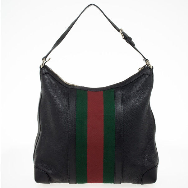 black leather gucci bag with red and green stripe