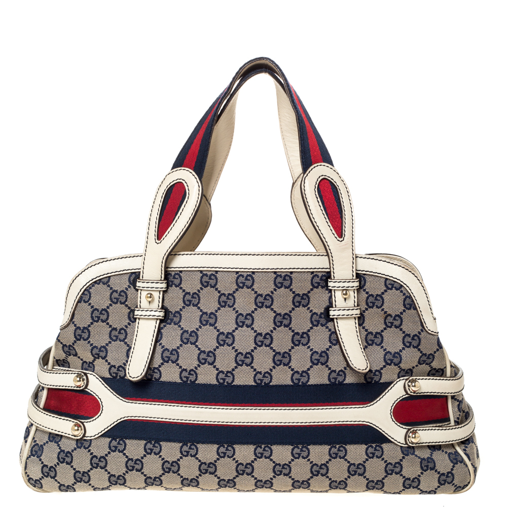 Pre Owned Gucci Beige/Blue GG Canvas and Leather Web Satchel