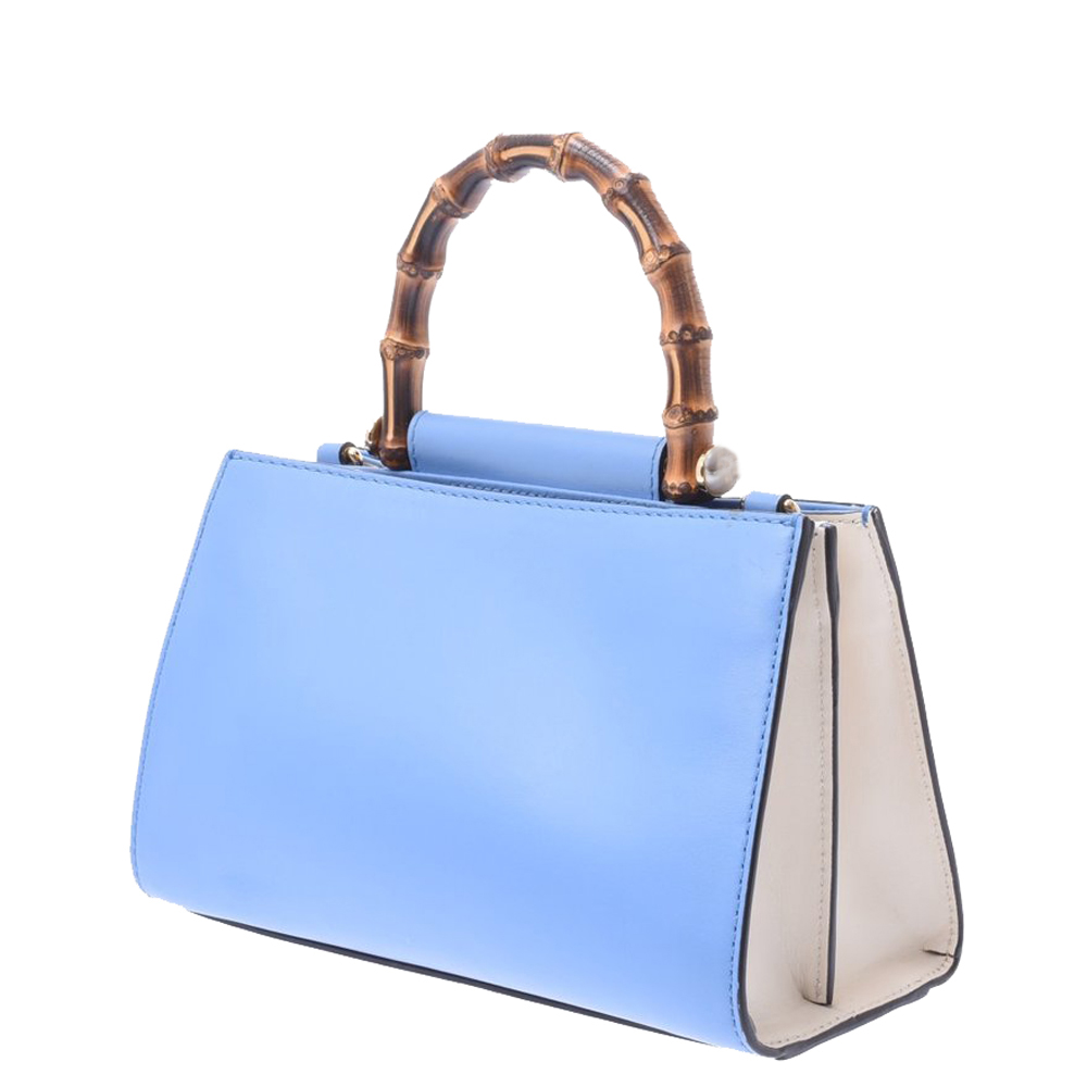 

Gucci Blue Leather Mini Nymphaea Bamboo Top Handle Bag