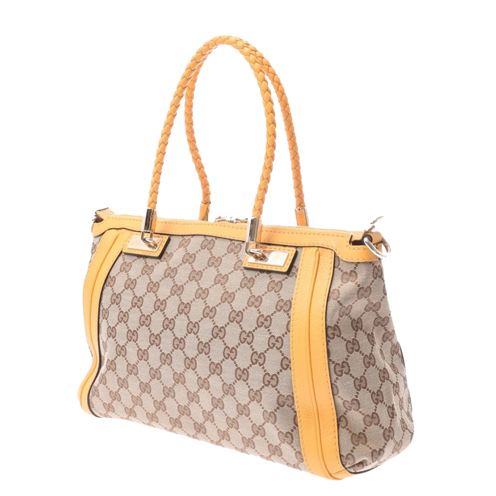 

Gucci Beige/Yellow GG Canvas Bella Bamboo Tote Bag