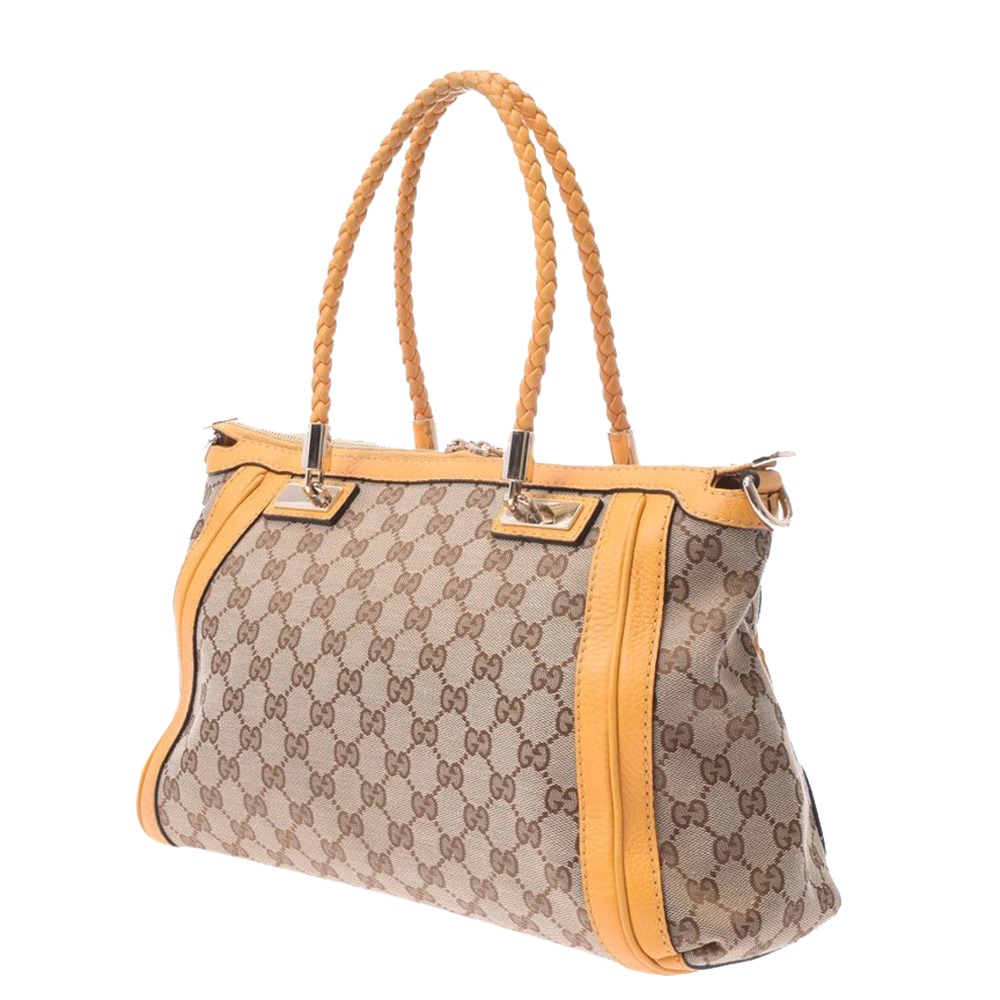 

Gucci Beige/Yellow GG Canvas Bella Bamboo Tote Bag