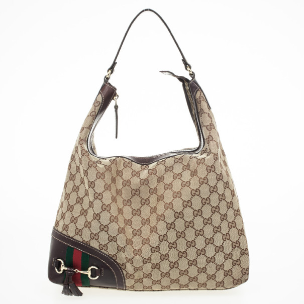 Gucci Brown GG Canvas 'Horsebit Tassel' Medium Hobo