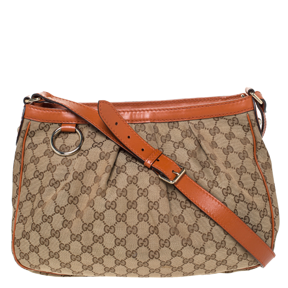 Pre Owned Gucci Beige/Orange GG canvas and Leather Shoulder Bag