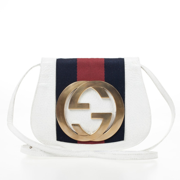 Pre Owned Gucci White Leather Crossbody Flap Bag