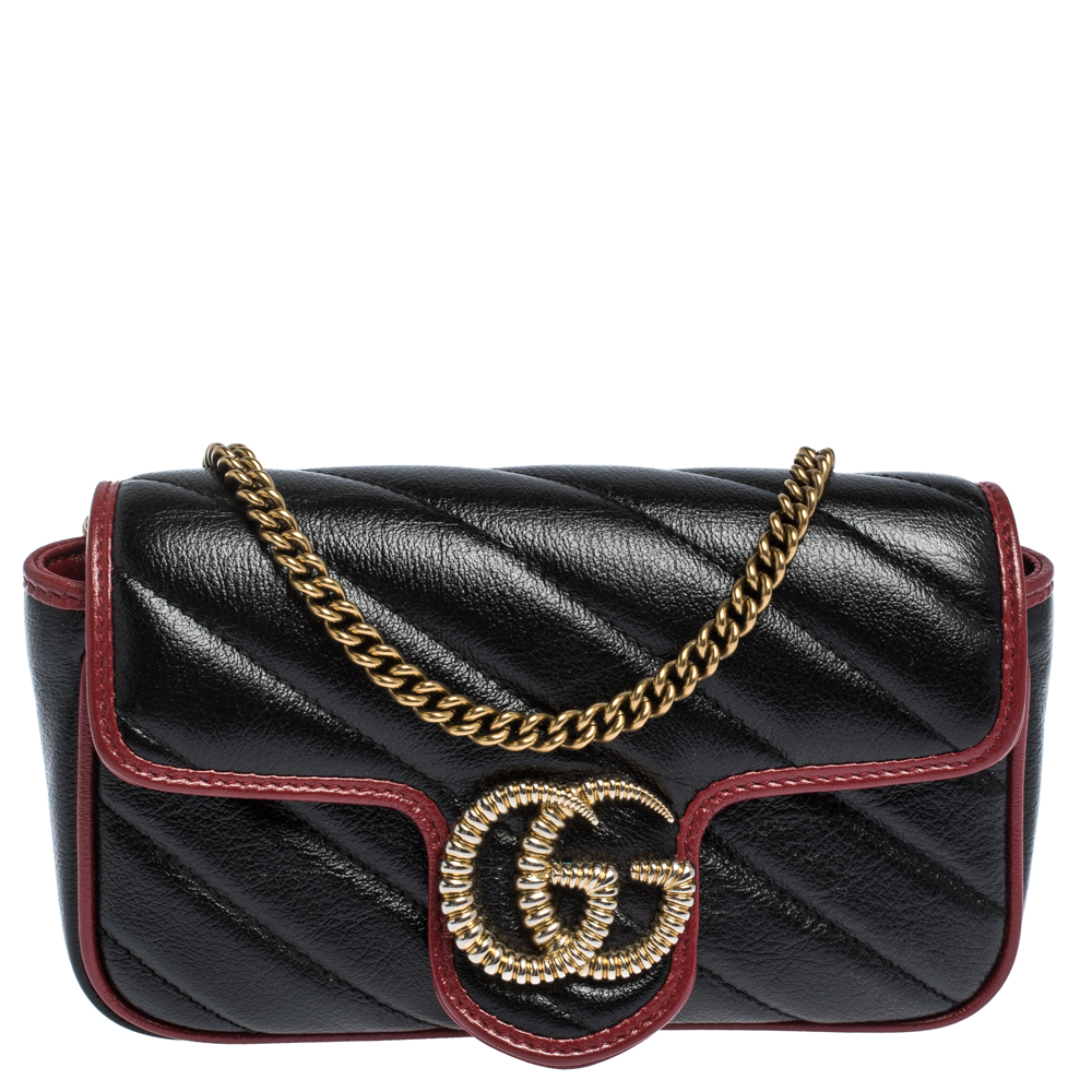 Gucci Black Diagonal Quilt Leather Mini GG Marmont Torchon Shoulder Bag ...