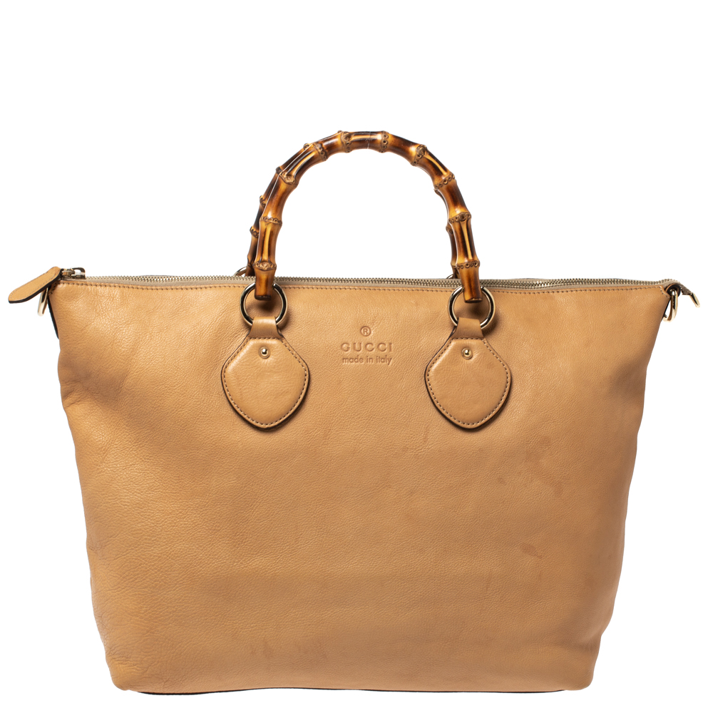 Pre Owned Gucci Light Brown Leather Bamboo Handle Shopper Tote