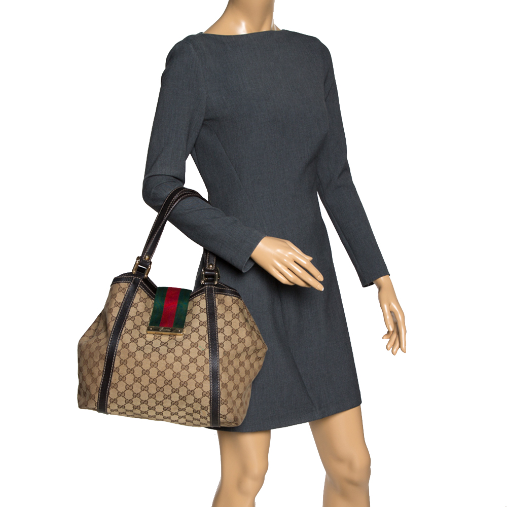 

Gucci Beige/Dark Brown GG Canvas and Leather New Ladies Web Tote