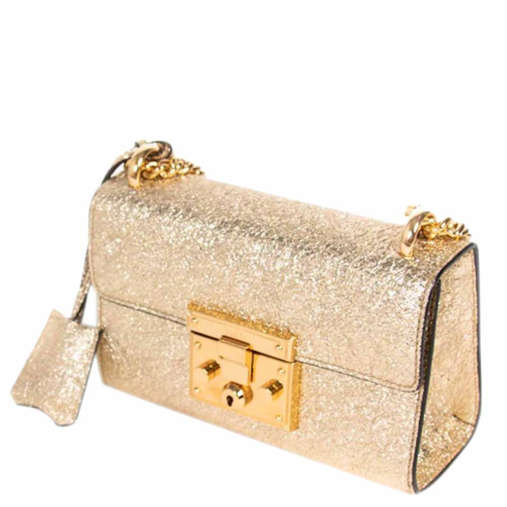 

Gucci Metallic Gold Leather Padlock Chain Shoulder Bag