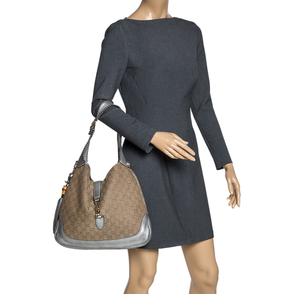 

Gucci Beige/Silver GG Canvas and Leather New Jackie Hobo
