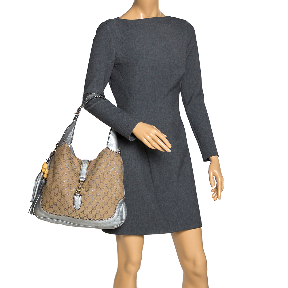 

Gucci Beige/Silver GG Canvas and Leather Medium New Jackie Hobo