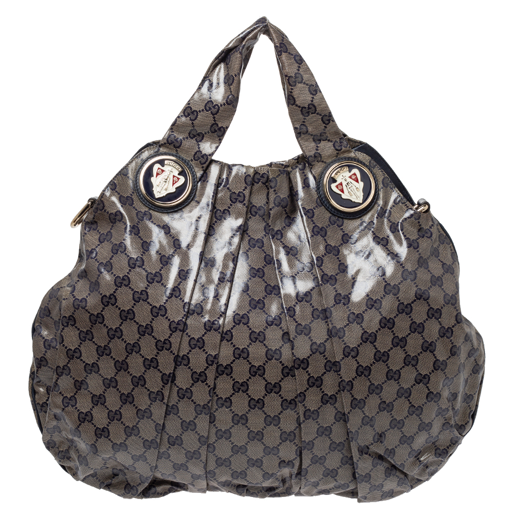 مملوكة مسبقًا Gucci Navy Blue/Beige GG Crystal Canvas Large Hysteria Hobo