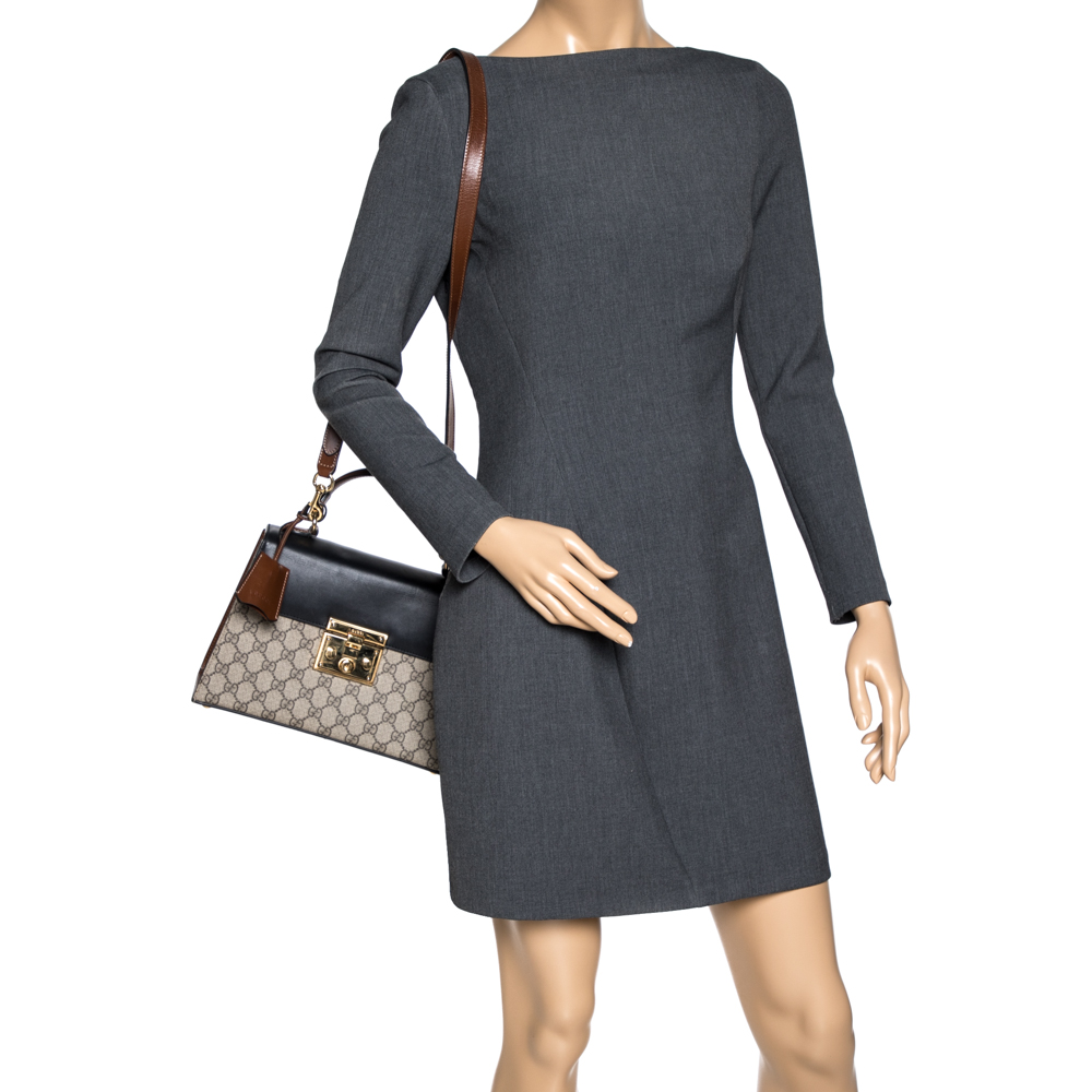 

Gucci Tri Color GG Supreme Canvas and Leather Small Padlock Top Handle Bag, Black