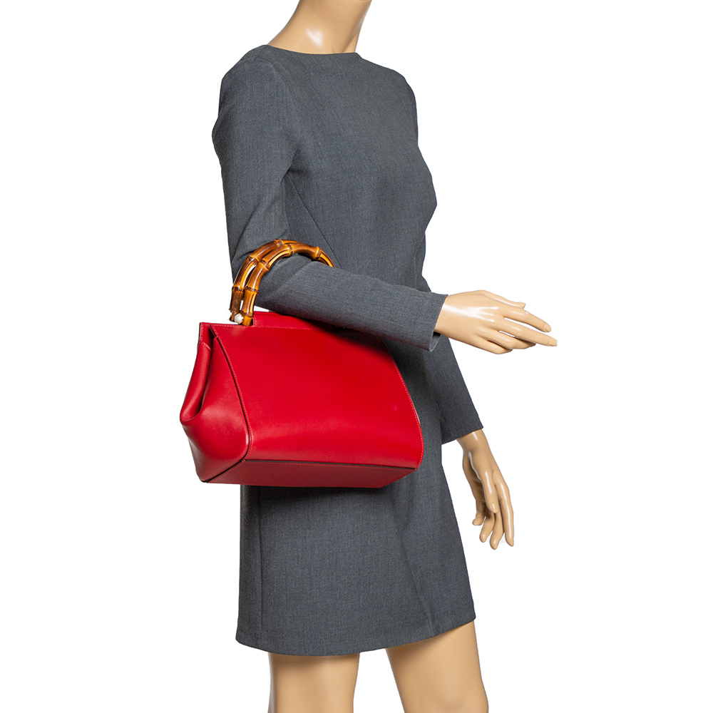 

Gucci Red Leather Medium Nymphaea Bamboo Tote