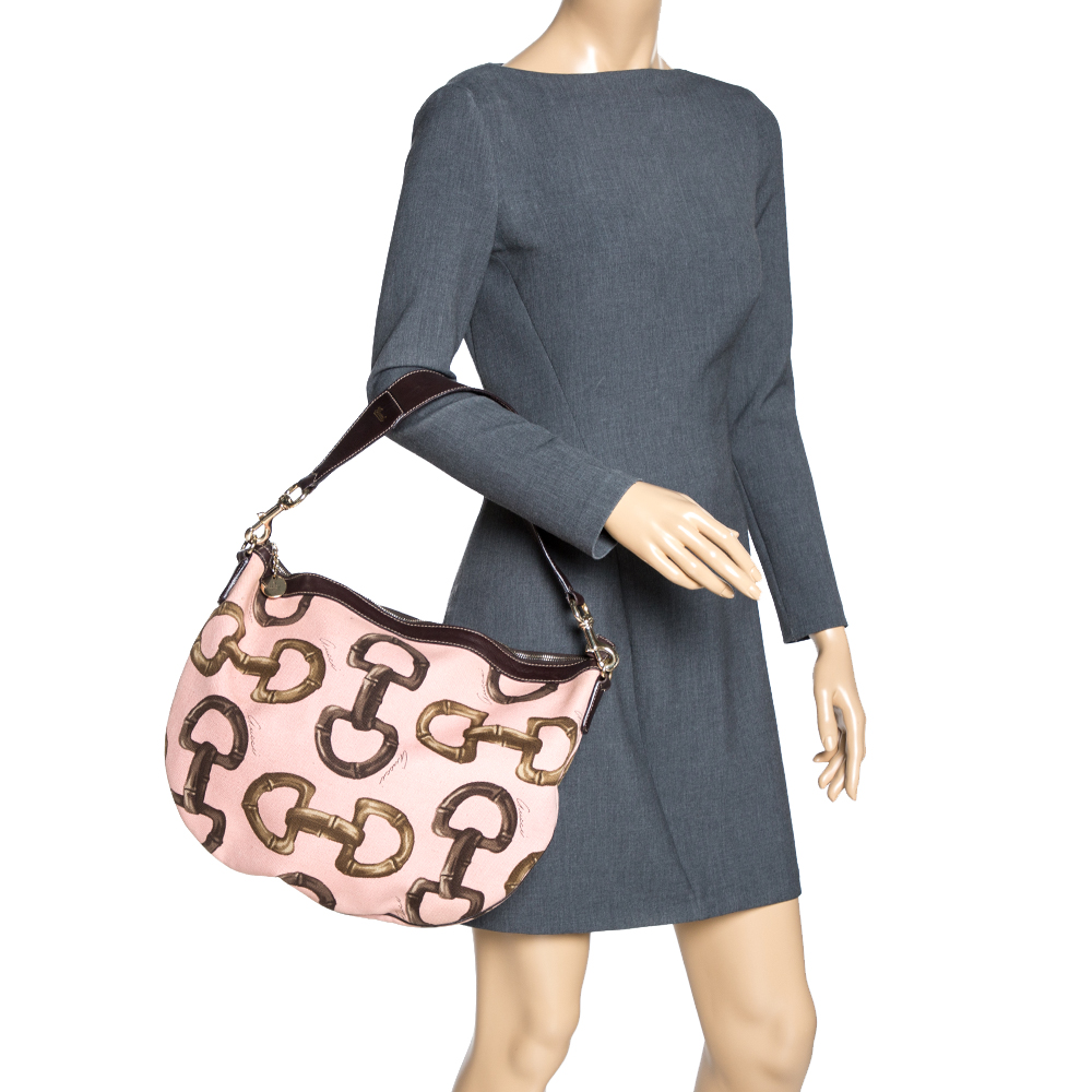 

Gucci Pink/Brown Horsebit Canvas and Leather Hobo