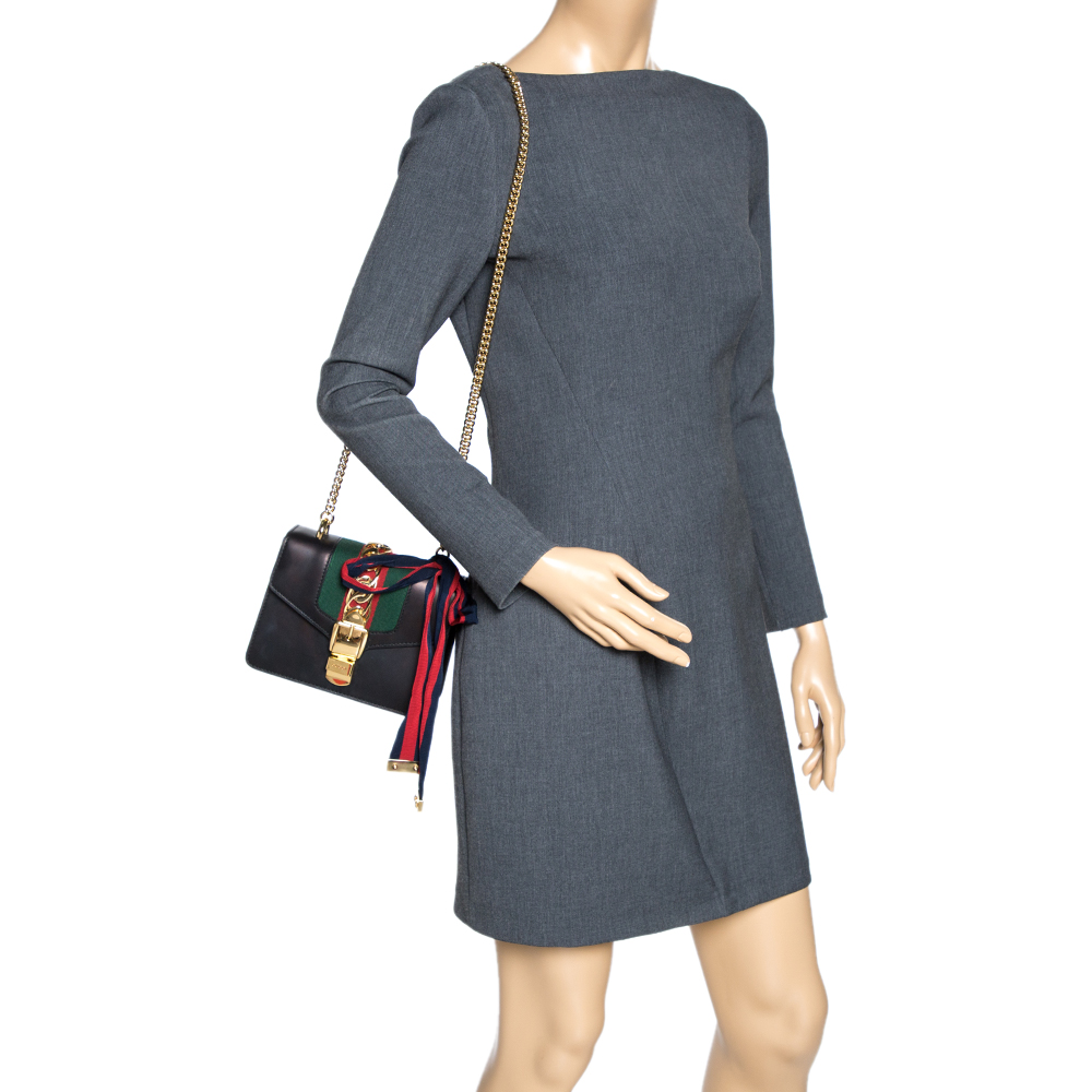 

Gucci Black Leather Mini Web Chain Sylvie Shoulder Bag