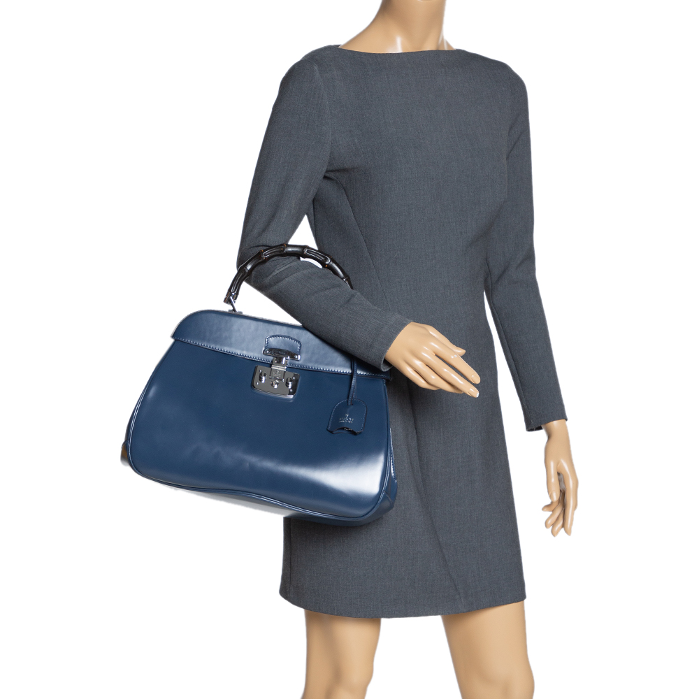 

Gucci Blue Patent Leather Lady Lock Bamboo Large Top Handle Bag