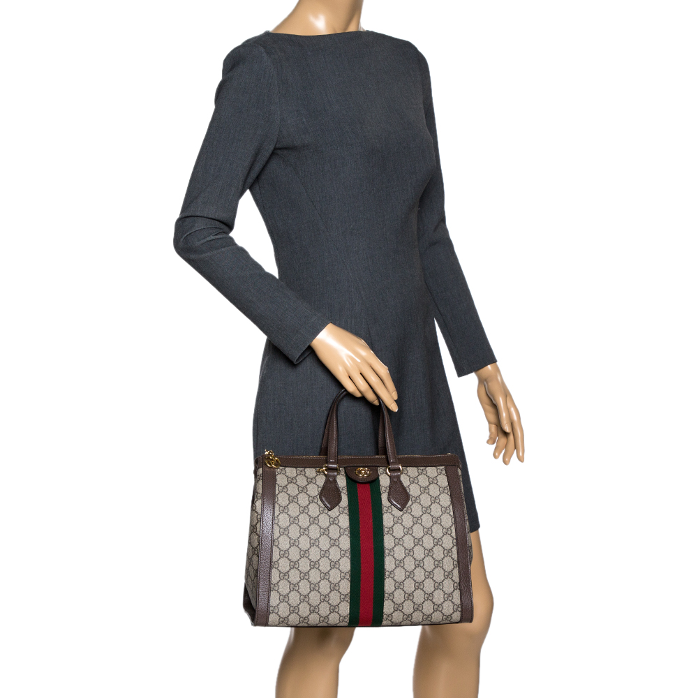 

Gucci Brown/Beige GG Supreme Canvas and Leather Medium Ophidia Tote
