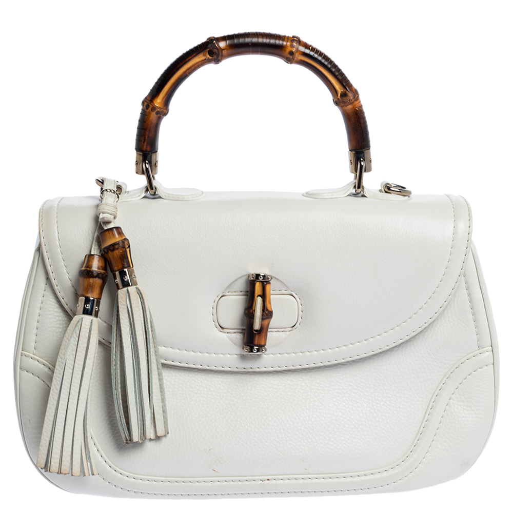 Gucci White Leather Large New Bamboo Tassel Top Handle Bag