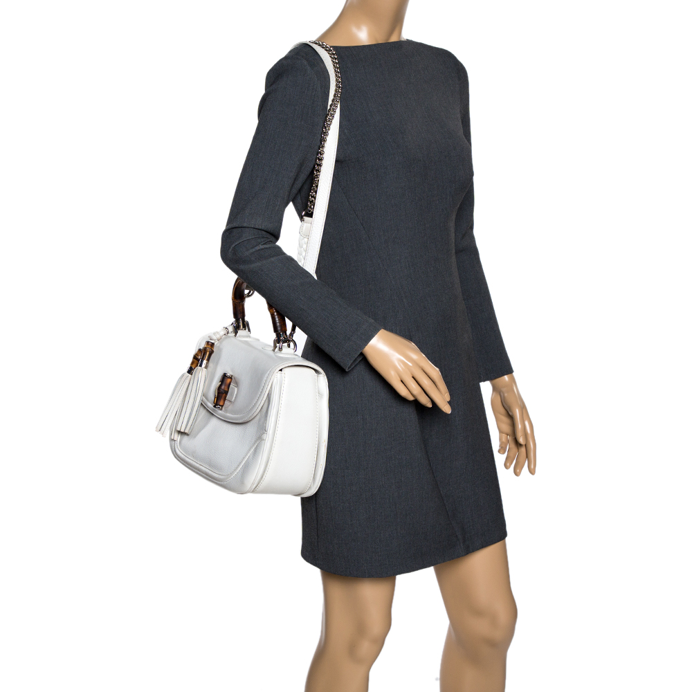 

Gucci White Leather Large New Bamboo Tassel Top Handle Bag