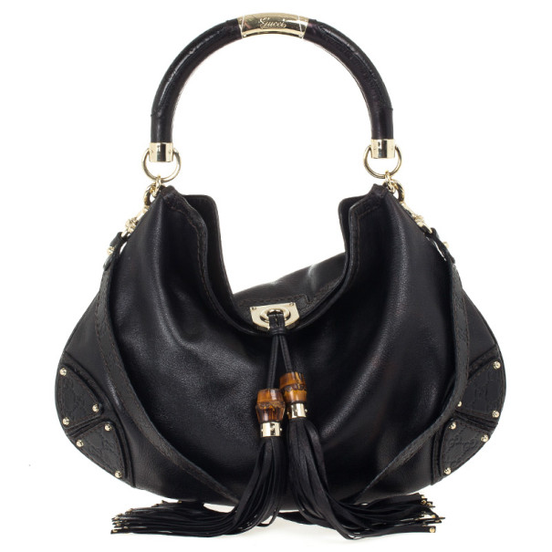 Pre Owned Gucci Black Leather Large Indy Top Handle Bag