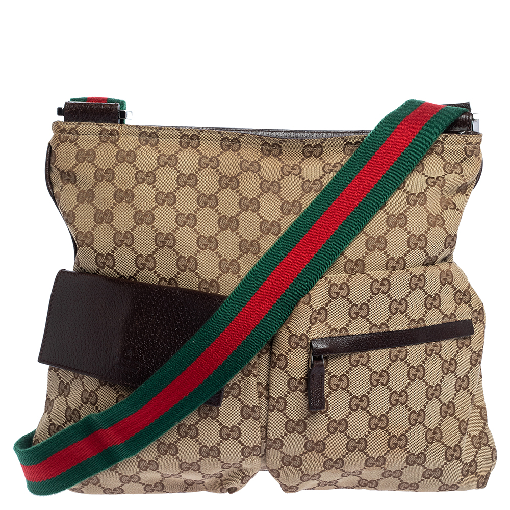 Pre Owned Gucci Beige/Brown GG Canvas and Leather Messenger Bag