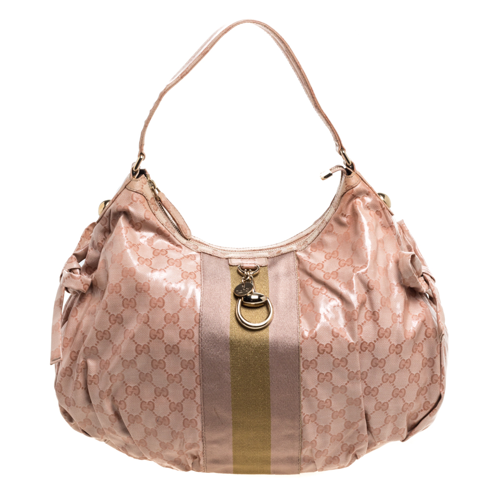 GUCCI PINK GG CRYSTAL COATED CANVAS VINTAGE WEB HOBO