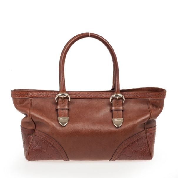 Pre Owned Gucci Brown Leather Signora Medium Tote