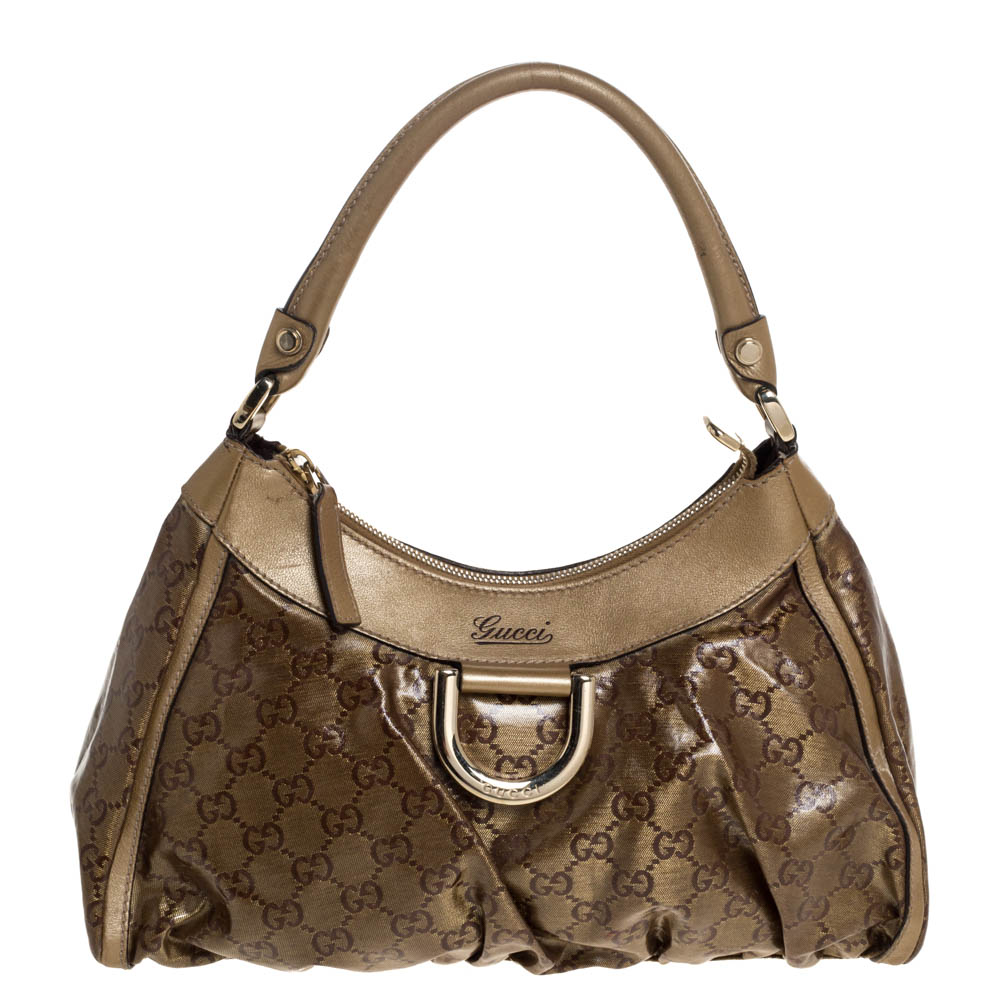 GUCCI GOLD/BEIGE GG CRYSTAL AND LEATHER D RING HOBO