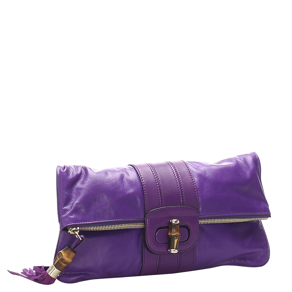 

Gucci Purple Leather Bamboo Clutch Bag