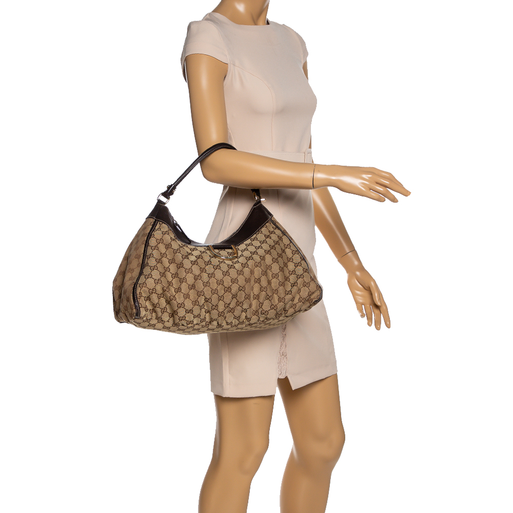 

Gucci Beige/Brown GG Canvas and Leather D Ring Hobo