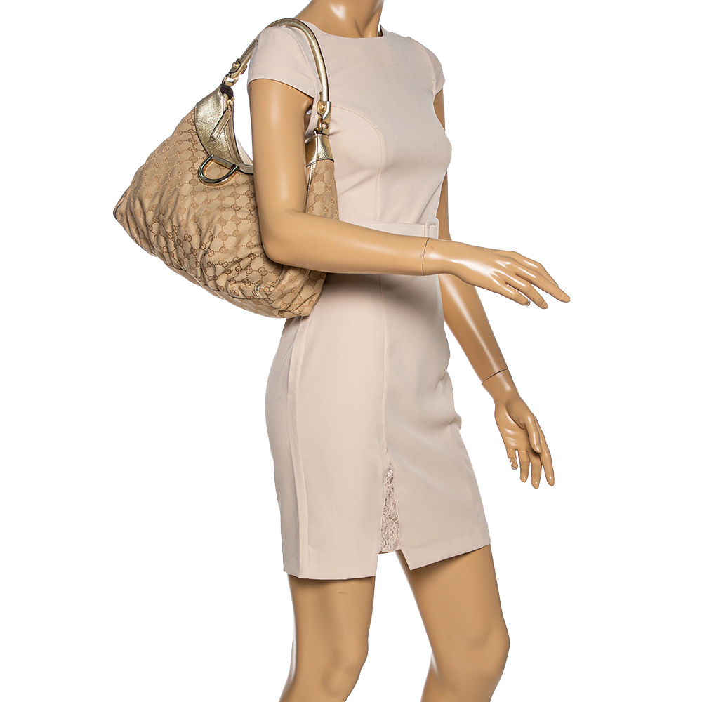 

Gucci Beige/Gold GG Canvas and Leather D Ring Hobo