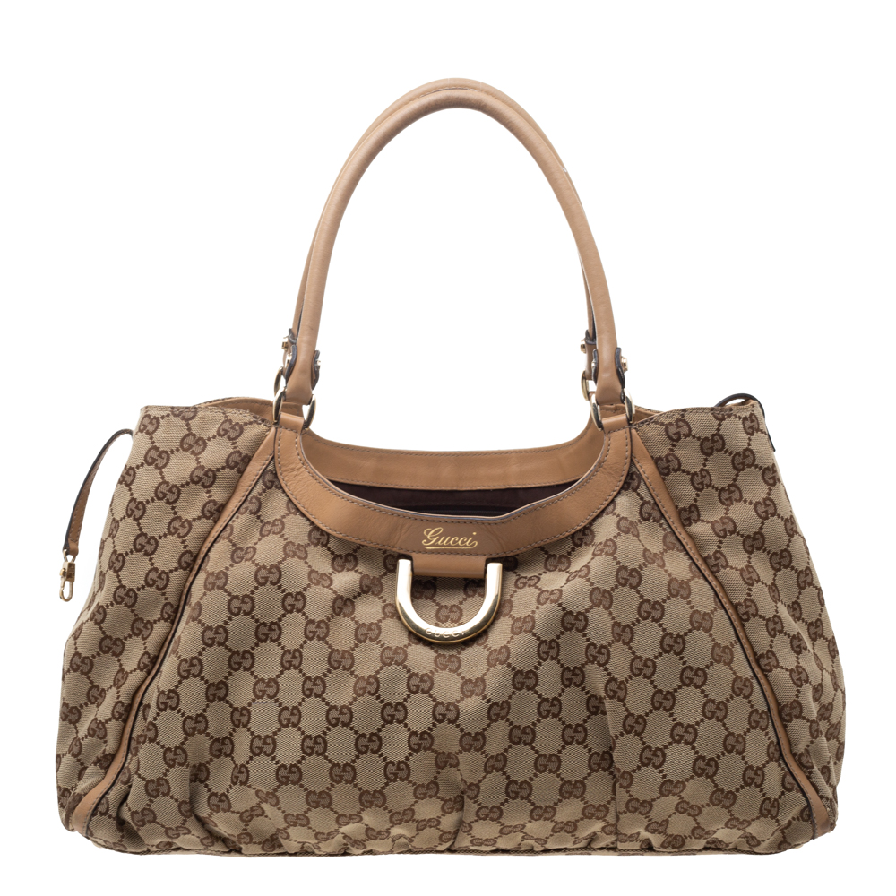 Pre Owned حقيبة هوبو غوتشي "دي رينغ" جلد و كانفاس جي جي بني فاتح و بيج