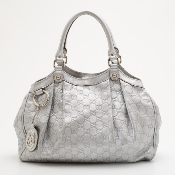 Pre Owned Gucci Silver Guccissima Leather Sukey Tote 