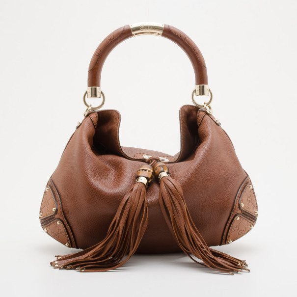 Pre Owned Gucci Brown Leather 'Indy' Large Tassel Hobo