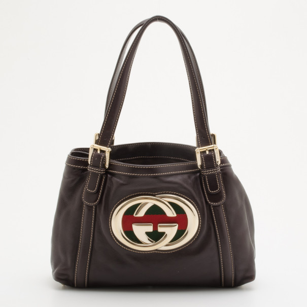 Pre Owned Gucci Brown Leather Britt Medium Tote bag