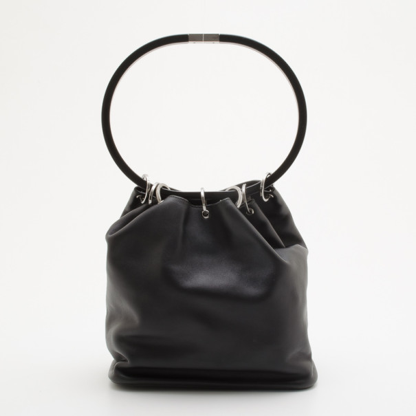 Pre Owned Gucci Black Leather Top Handle Drawstring Bag